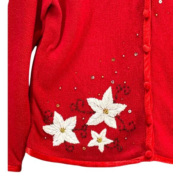 Mercer Street Studio Vintage Red White Beaded Poinsettia  Button Up Sweater M - Picture 3 of 7